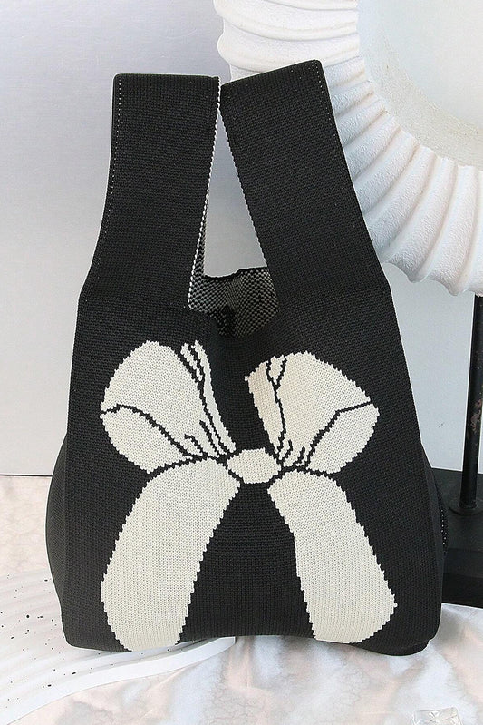 Black Colorblock Bowknot Pattern Knitted Hand Bag