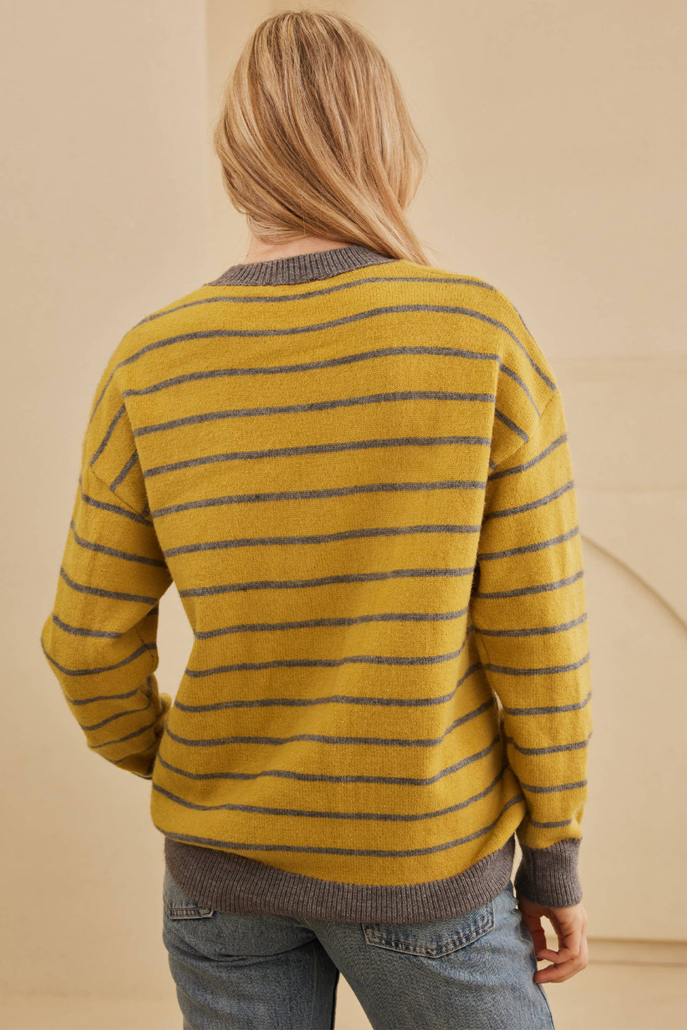 Yellow Stripe Daisy Floral Knitted Round Neck Sweater