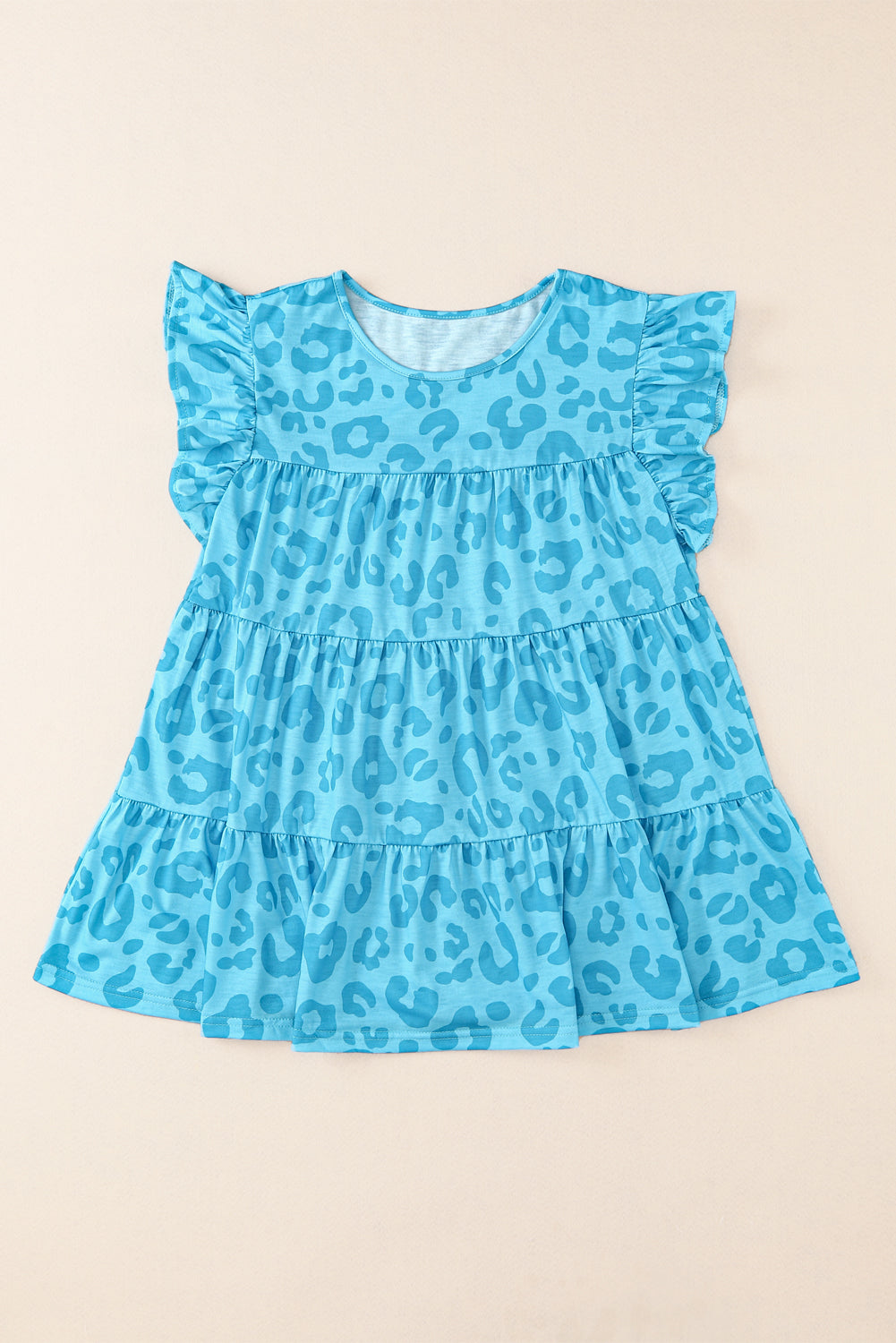 Sky Blue Leopard Print Flutter Sleeve Tiered Tank Top