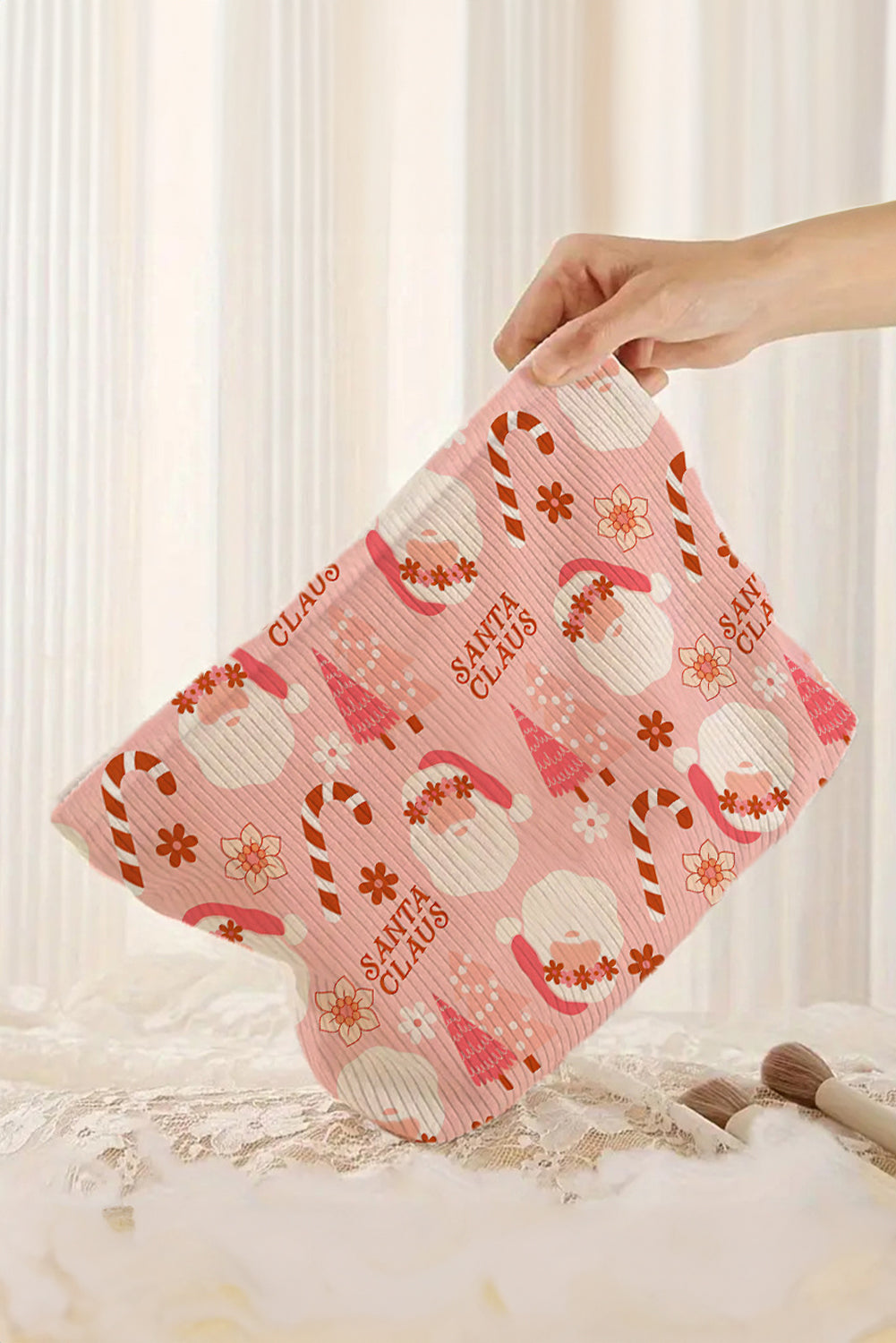 Pink Christmas Fashion Print Corduroy Zip Up Cosmetic Bag