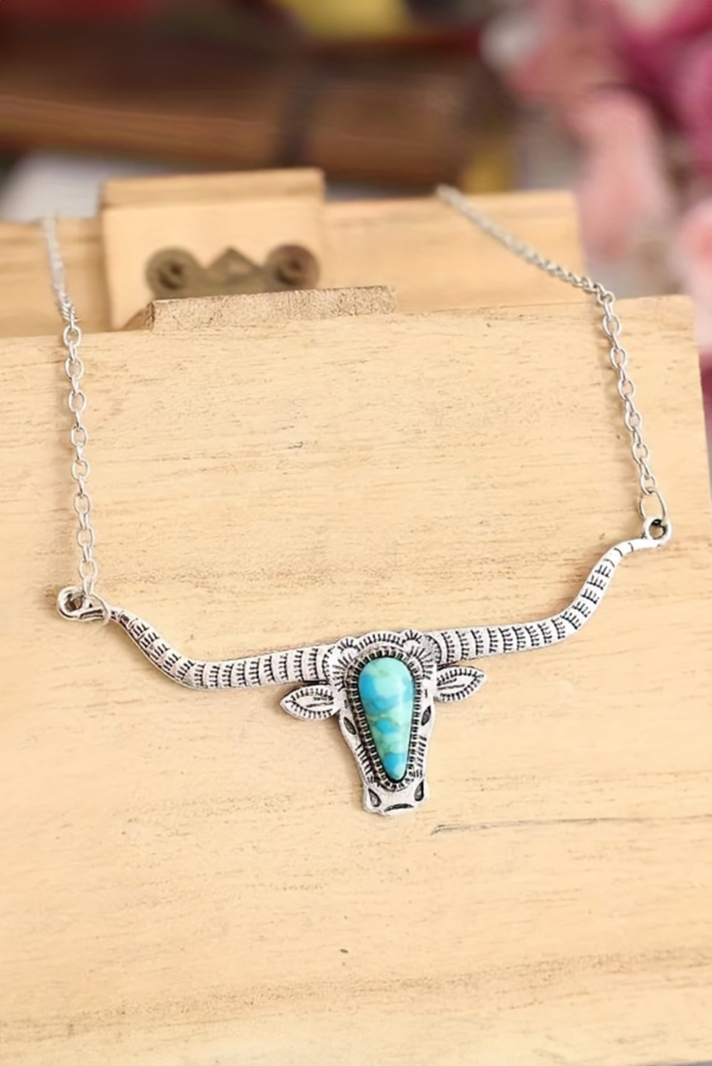 Light Blue Turquoise Steer Head Pendant Chain Necklace