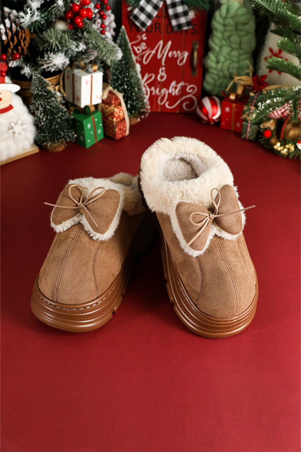 Straw Yellow Cozy Faux Fur Lined Bow Decor Clog Slippers