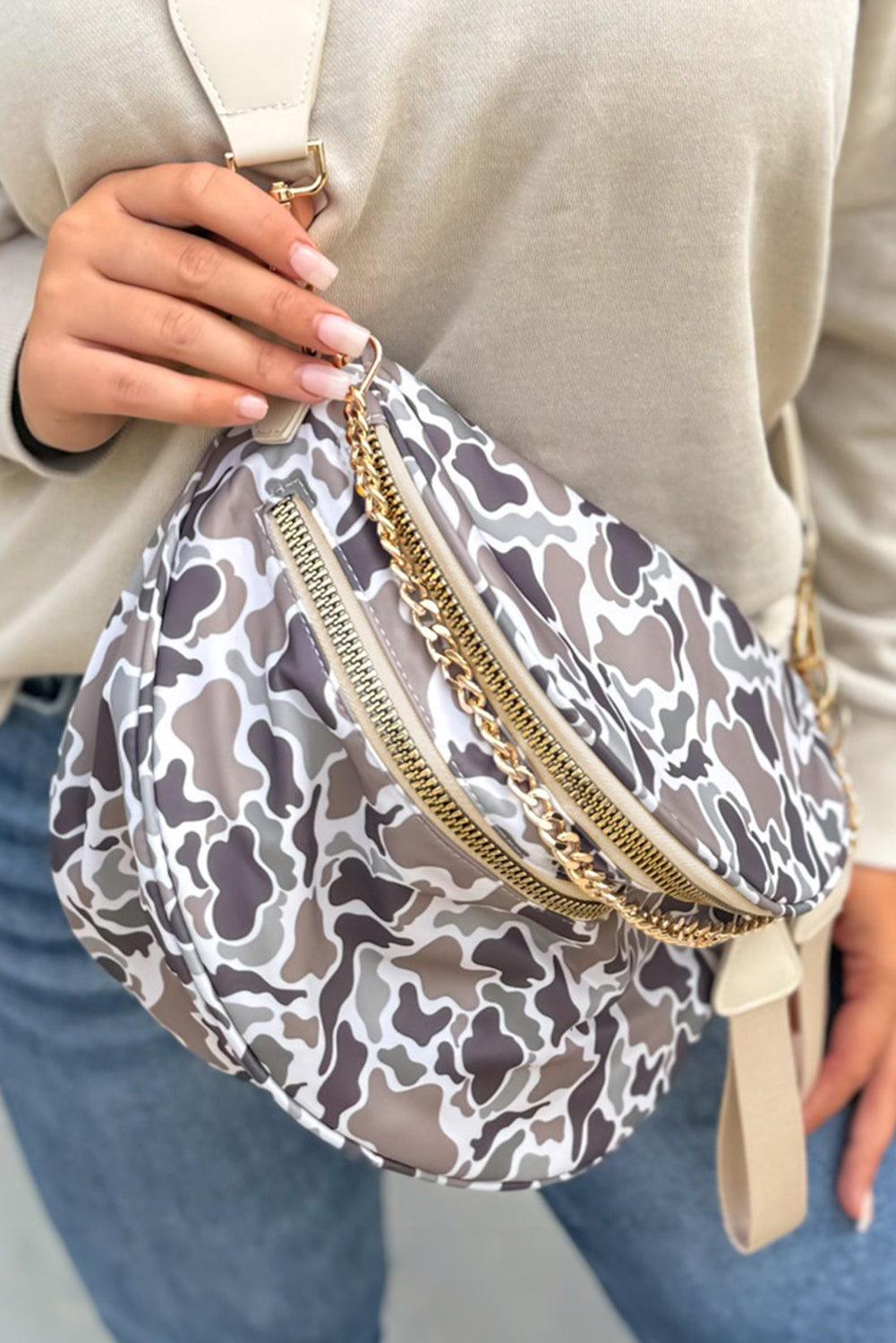 White Camouflage Print Gold Chain Strap Double Zipper Crossbody Bag