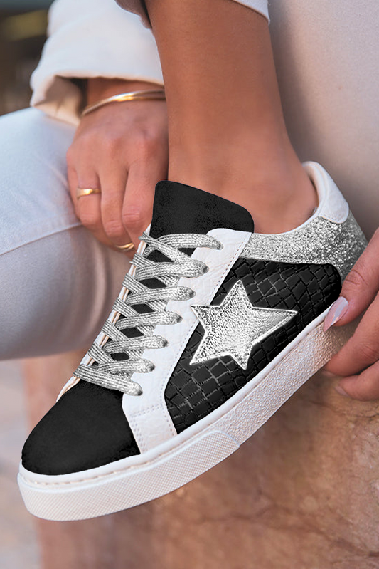Color black Glitter Star Patchwork PU Leather Lace-up Sneakers