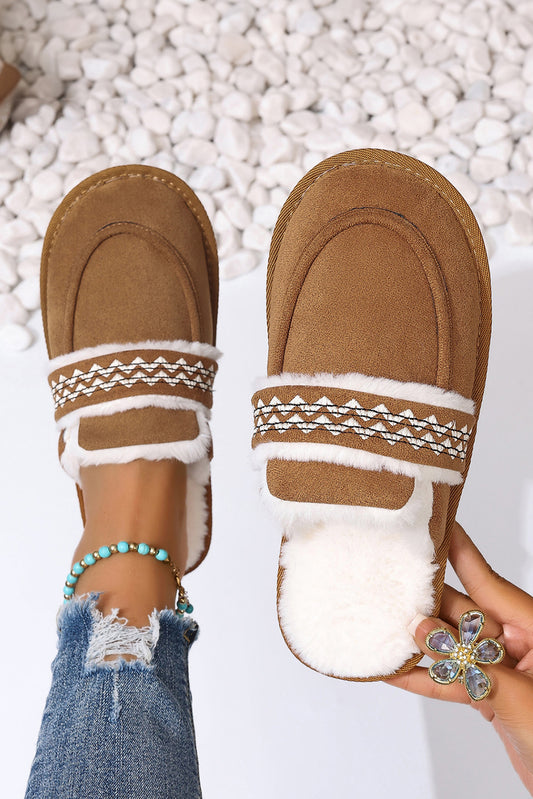 Chestnut Suede Wavy Striped Plush Lined Slippers