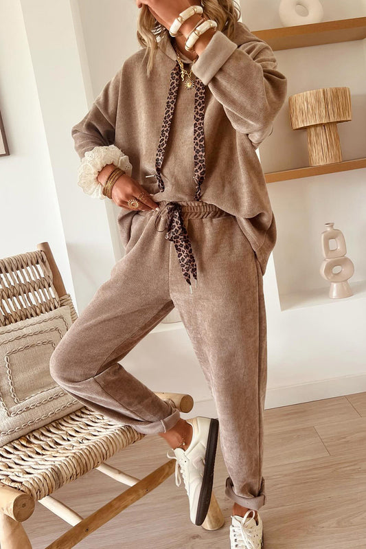 Dark Khaki Leopard Drawstring Pullover Hoodie and High Waist Pants Corduroy Suit