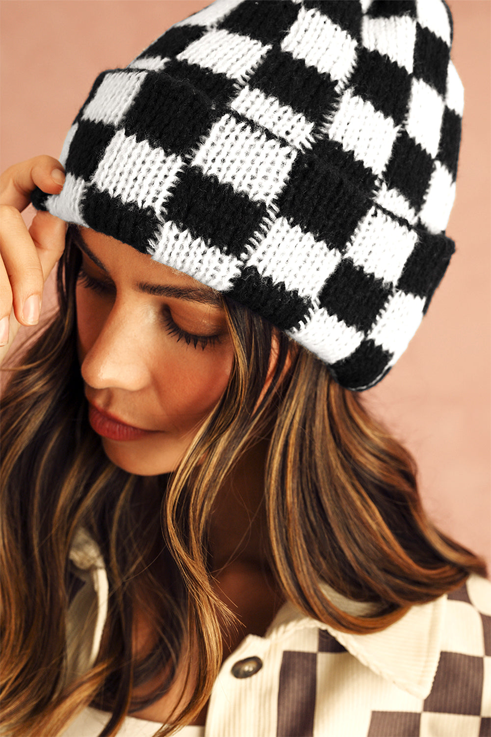 Black Two Tone Checkered Folded Eaveless Beanie Cap