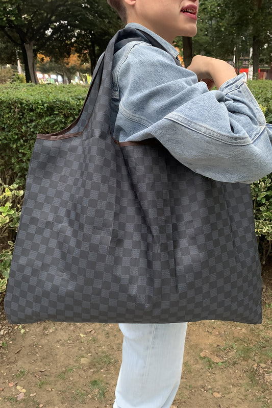 Black Trendy Checkered Pattern Large Portable Tote Bag