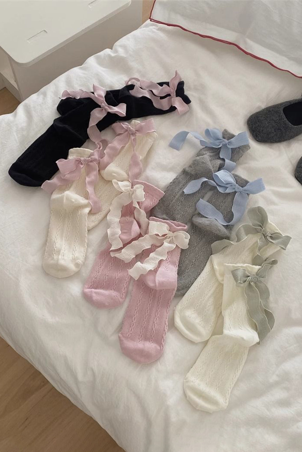 Pink 5 Pairs Contrast Ribbon Bow Decor Textured Knit Socks