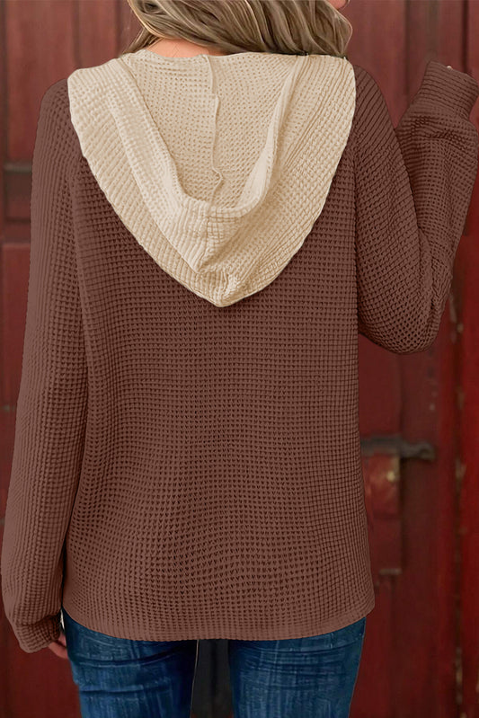 Coffee Waffle Contrast Half Buttoned Hooded Pullover Top
