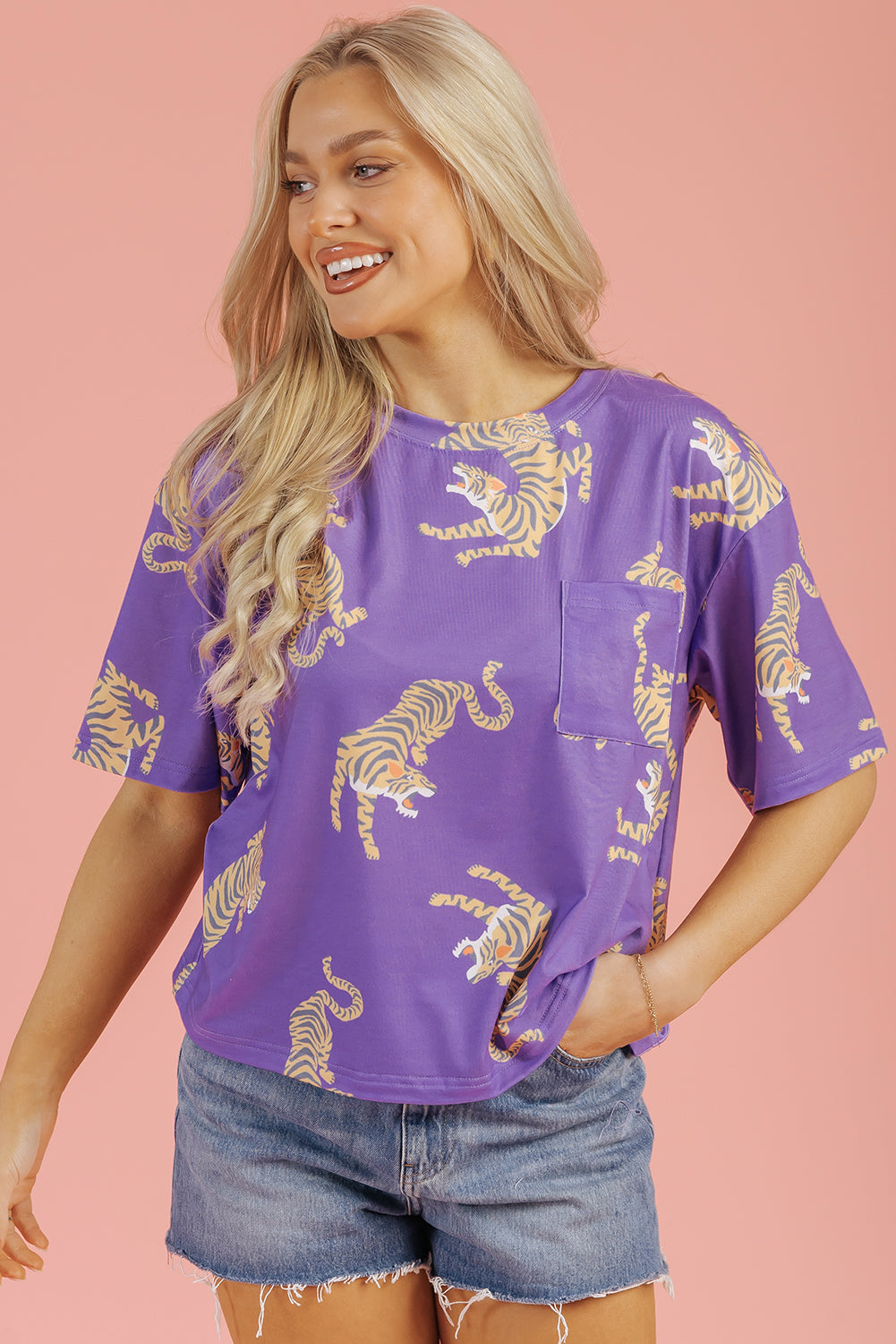 Purple Allover Tiger Printed Patch Pocket Loose T Shirt