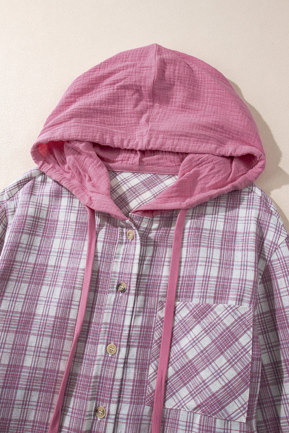 Pink Checkered Print Loose Fit Buttoned Hooded Shacket