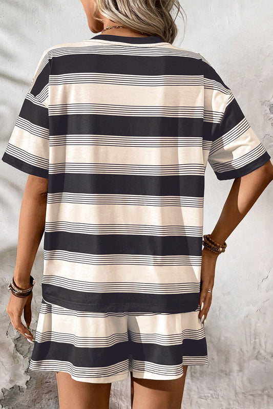 Black Stripe Short Sleeve T Shirt and High Waist Pocketed Shorts Set