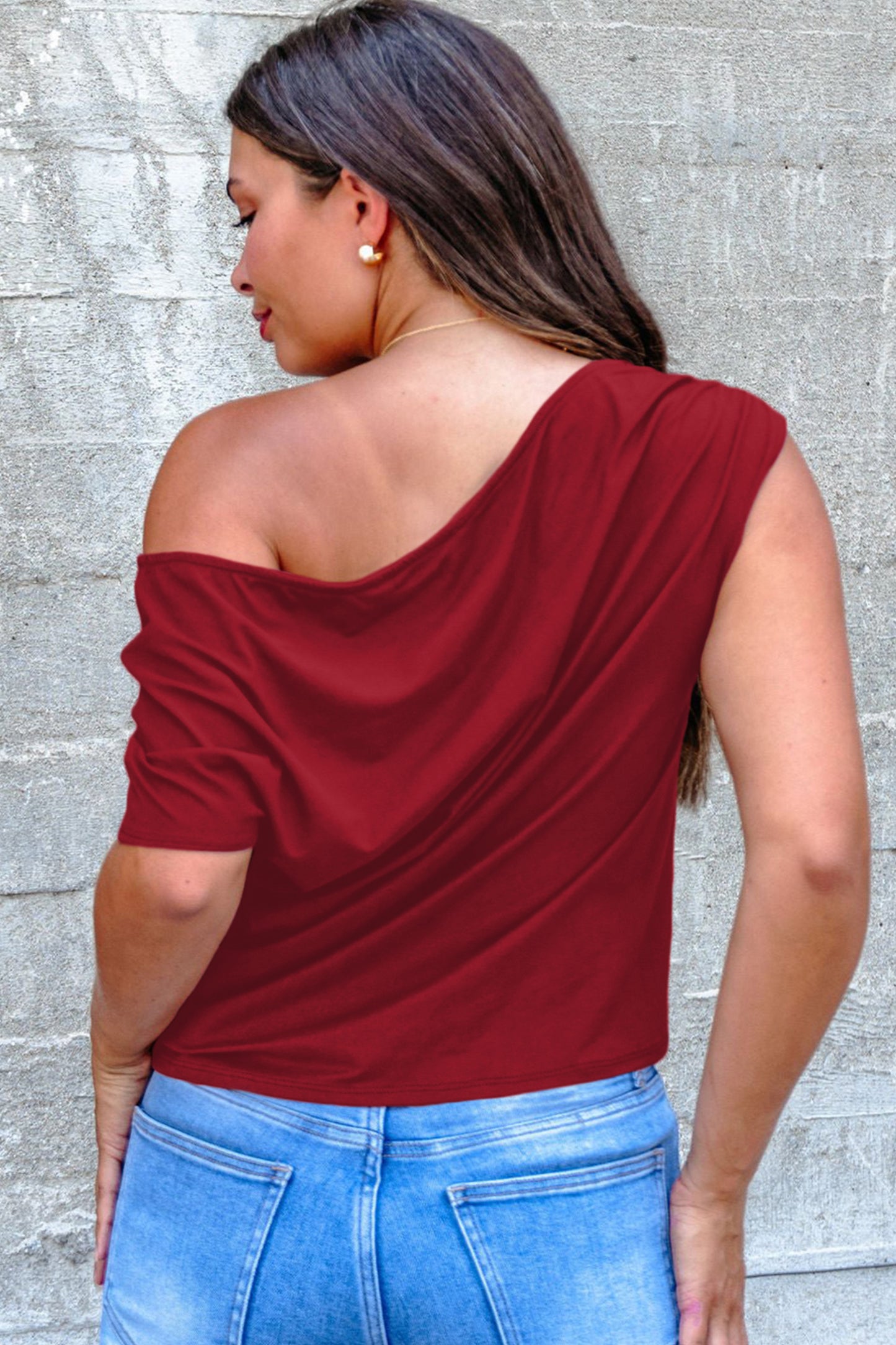 Burgundy Plus Size Solid Color Asymmetric Neck Short Sleeve Blouse