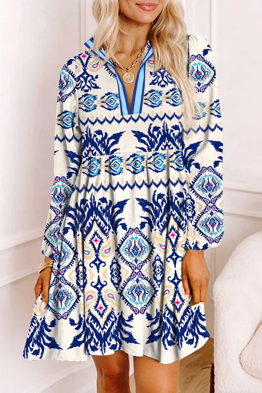 Blue Ethnic Print Striped Split Neck Long Sleeve Flowy Mini Dress