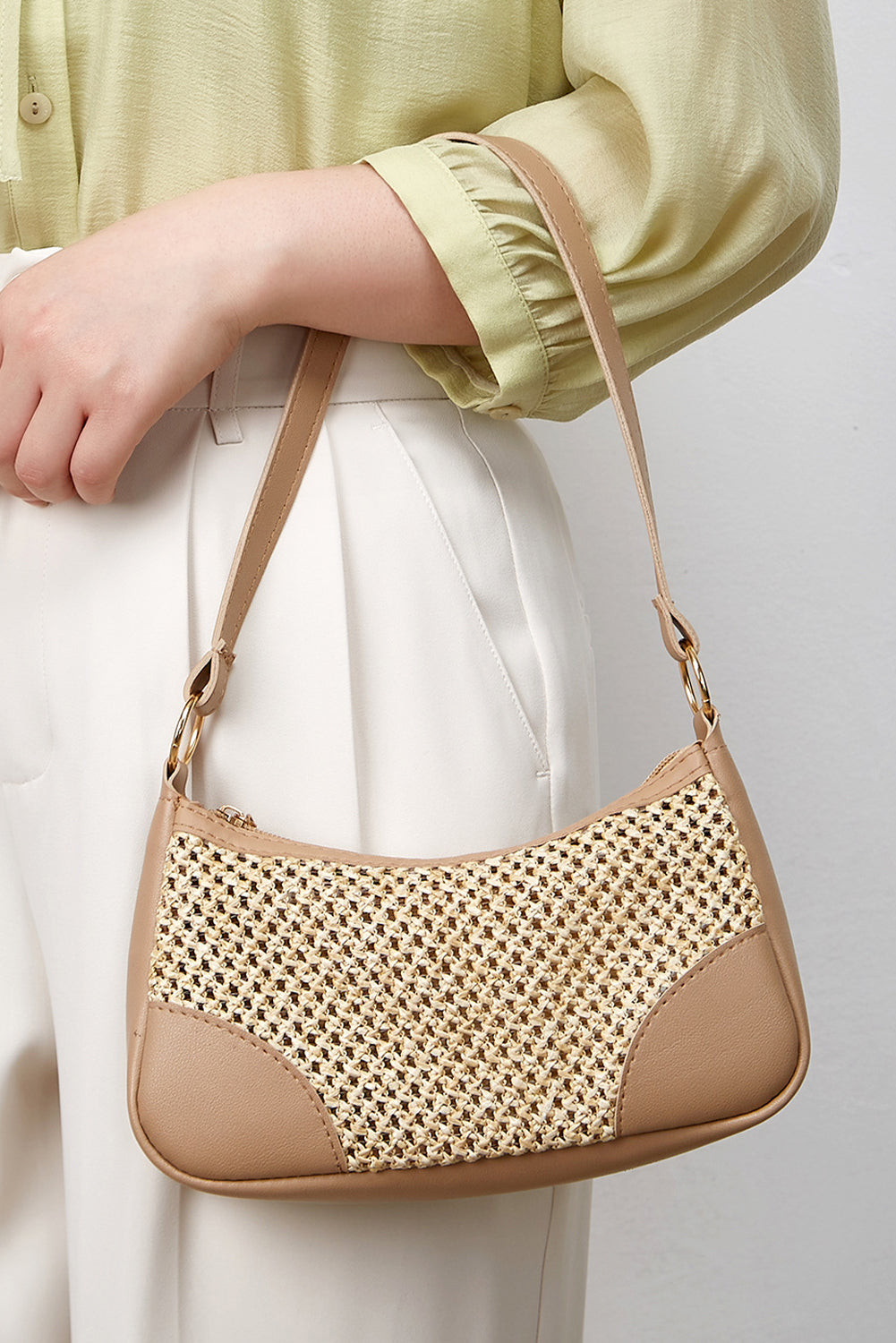 Khaki Straw Woven PU Leather Patchwork Shoulder Bag