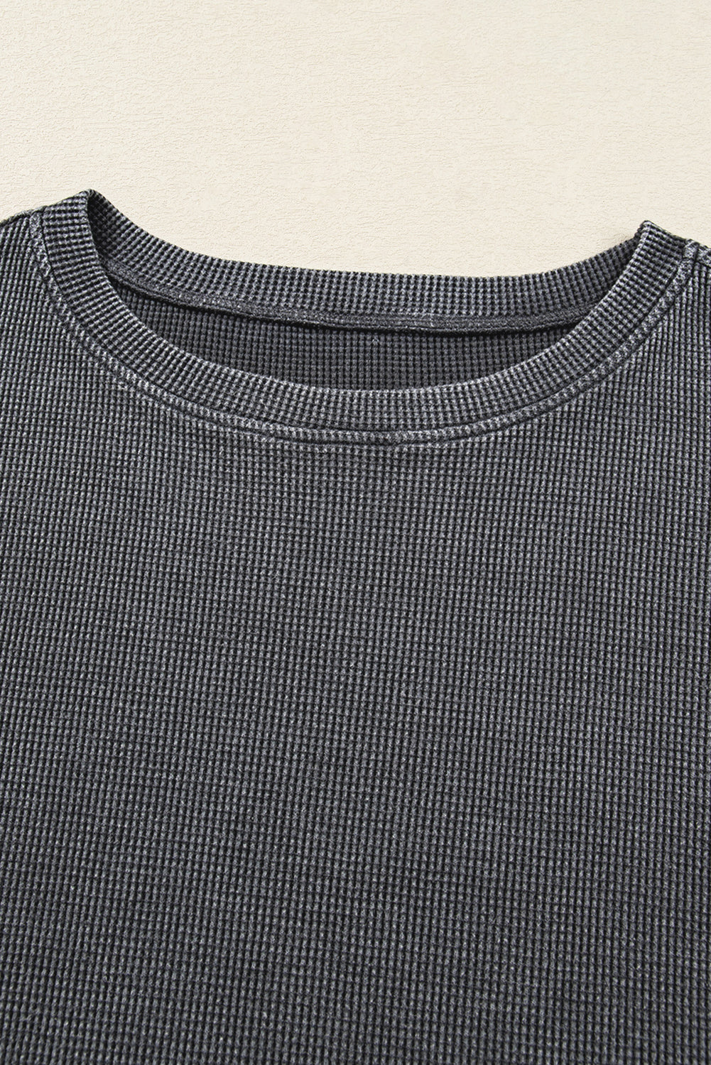 Dark Grey Waffle Knit Patchwork Long Sleeve Loose Top