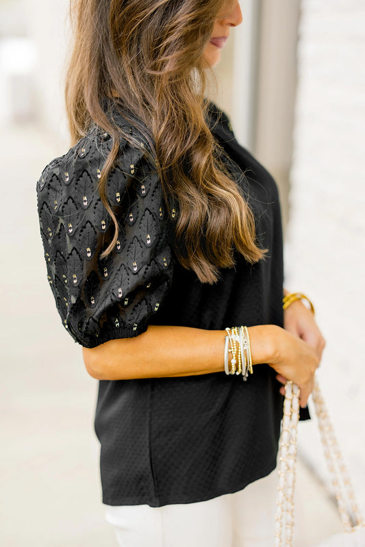 Black Feather Bubble Sleeve Patchwork Textured Blouse