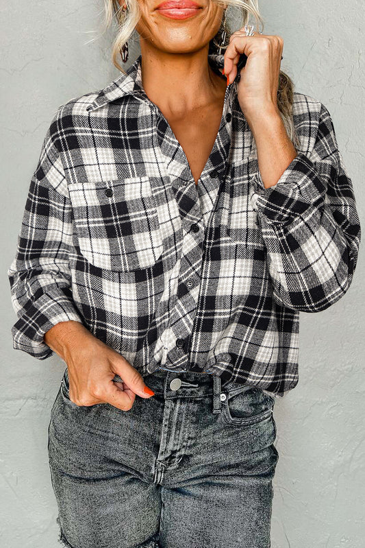 Black Plaid Print Chest Pockets Buttoned Shirt