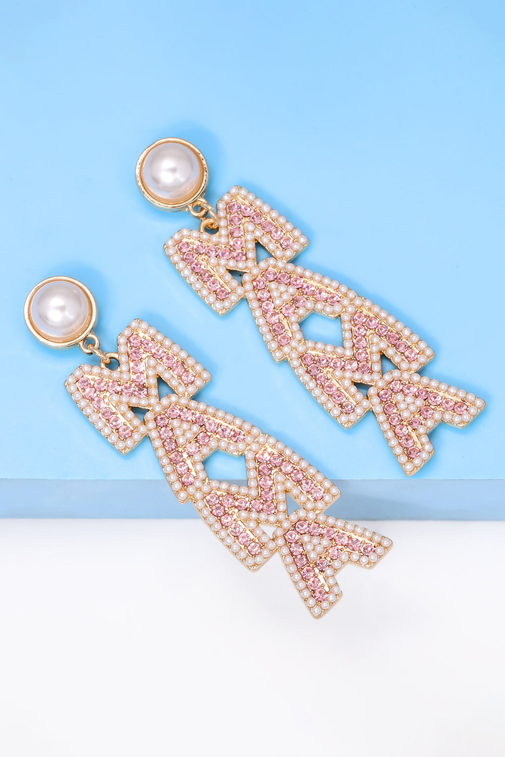 Apricot Pink MAMA Rhinestone Pearl Dangle Stud Earrings