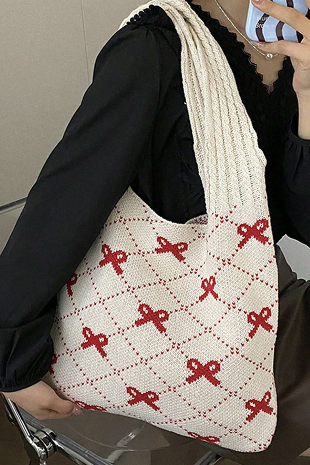 Fiery Red Bow Argyle Pattern Cable Knit Handle Tote Bag