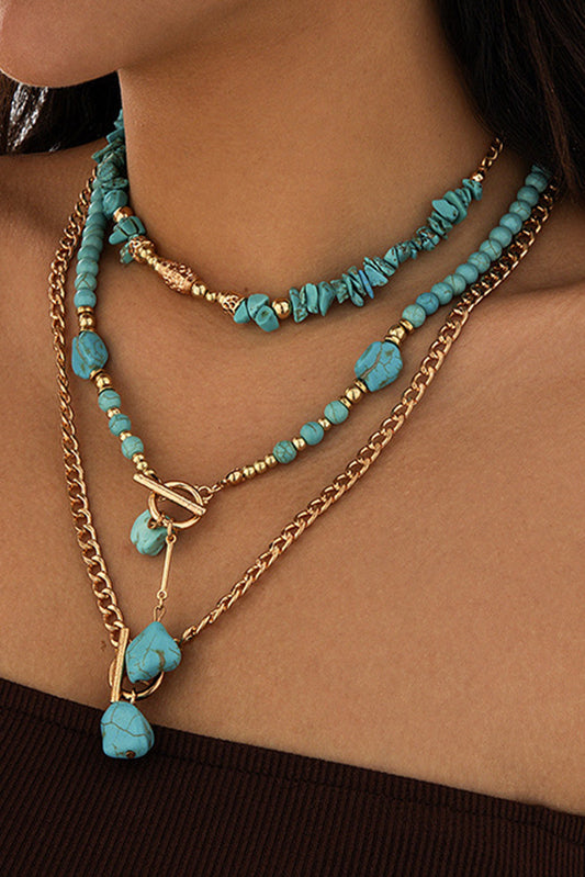 Gold Plated Toggle Clasp Turquoise Detail Cable Chain Layered Necklace Set