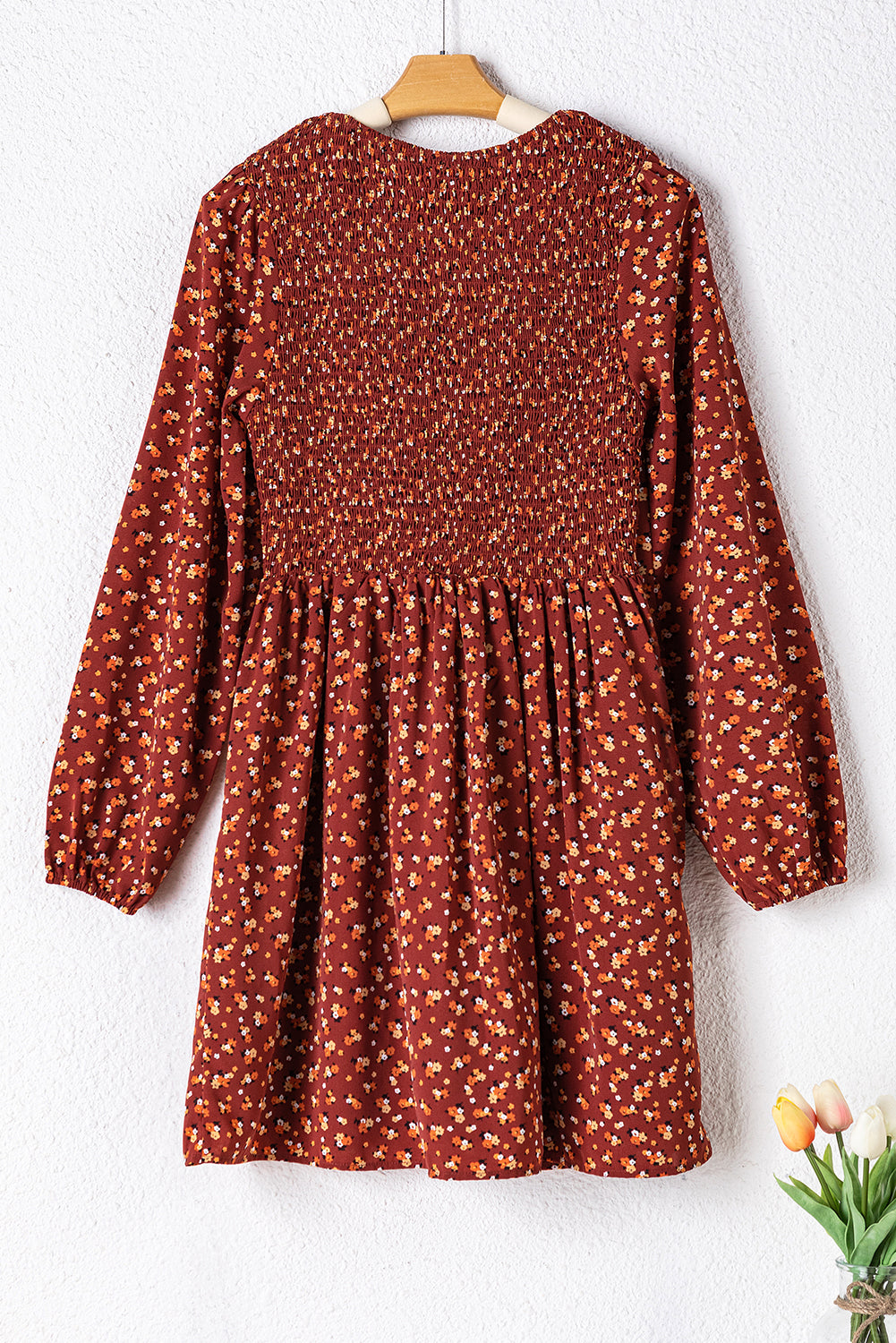 Brown Floral Smocked Bodice Mini Dress