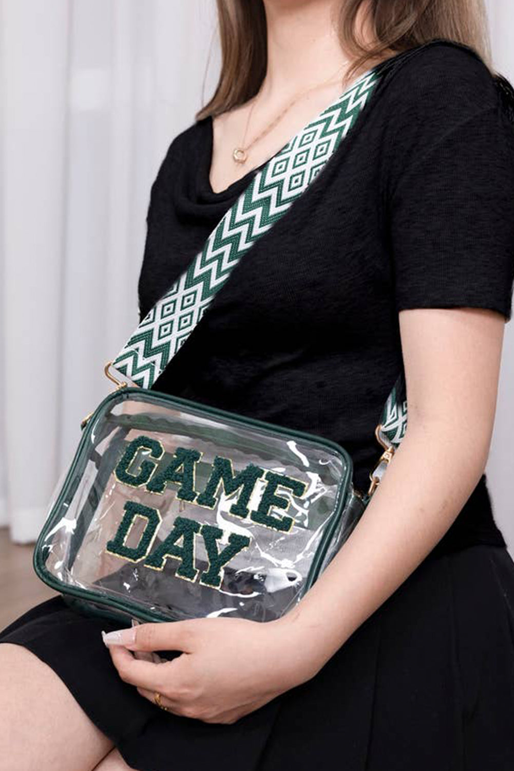 Blackish Green GAME DAY Chenille Embroidered Clear PVC Shoulder Bag