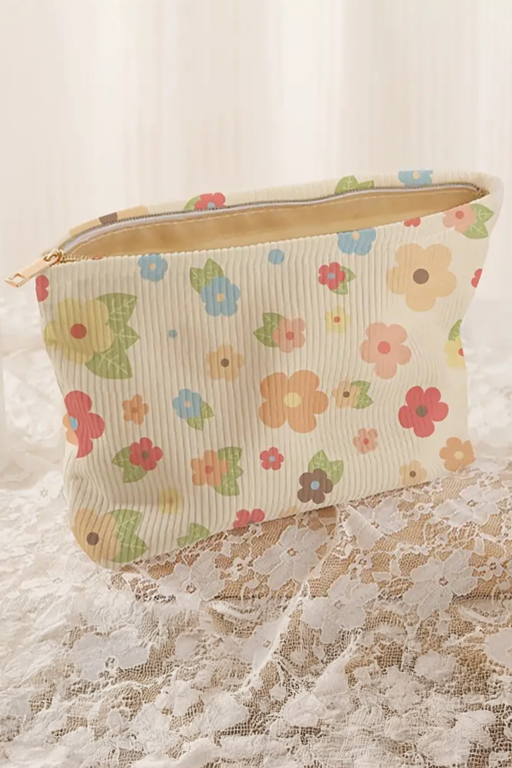 White Flower Leaves Print Zipper Corduroy Makeup Bag