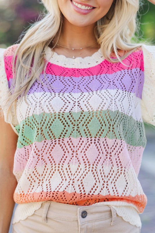 Rose Stripe Colorblock Hollowed Knit Scallop Edge Sweater Vest