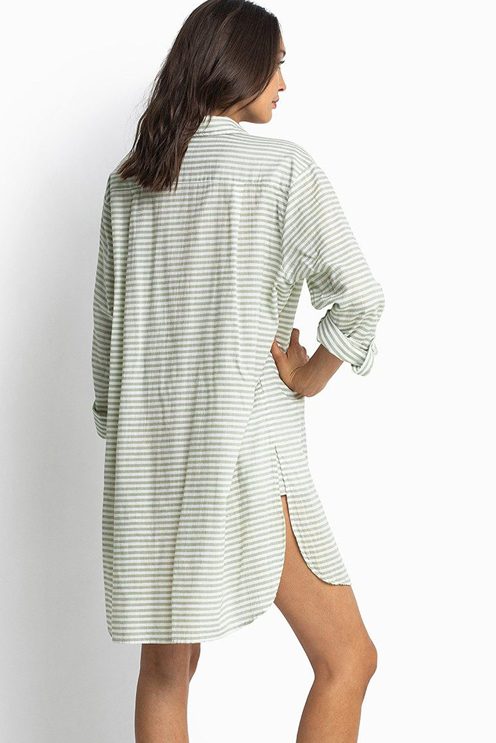 White Stripe Collared V Neck Chest Pocket Long Sleeve Beach Cover up