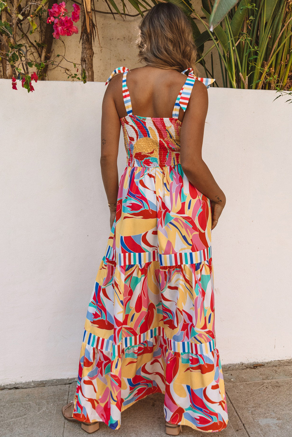 Multicolor Abstract Print Striped Trim Maxi Sundress