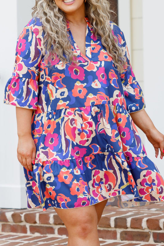 Blue Plus Size Floral Print Ruffled 3/4 Sleeve Mini Dress