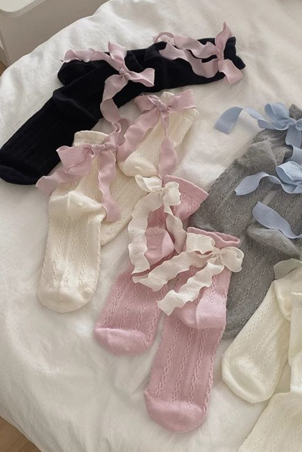 Pink 5 Pairs Contrast Ribbon Bow Decor Textured Knit Socks