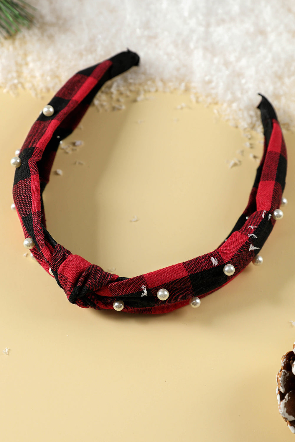 Red Dahlia Pearl Decor Christmas Plaid Knotted Headband