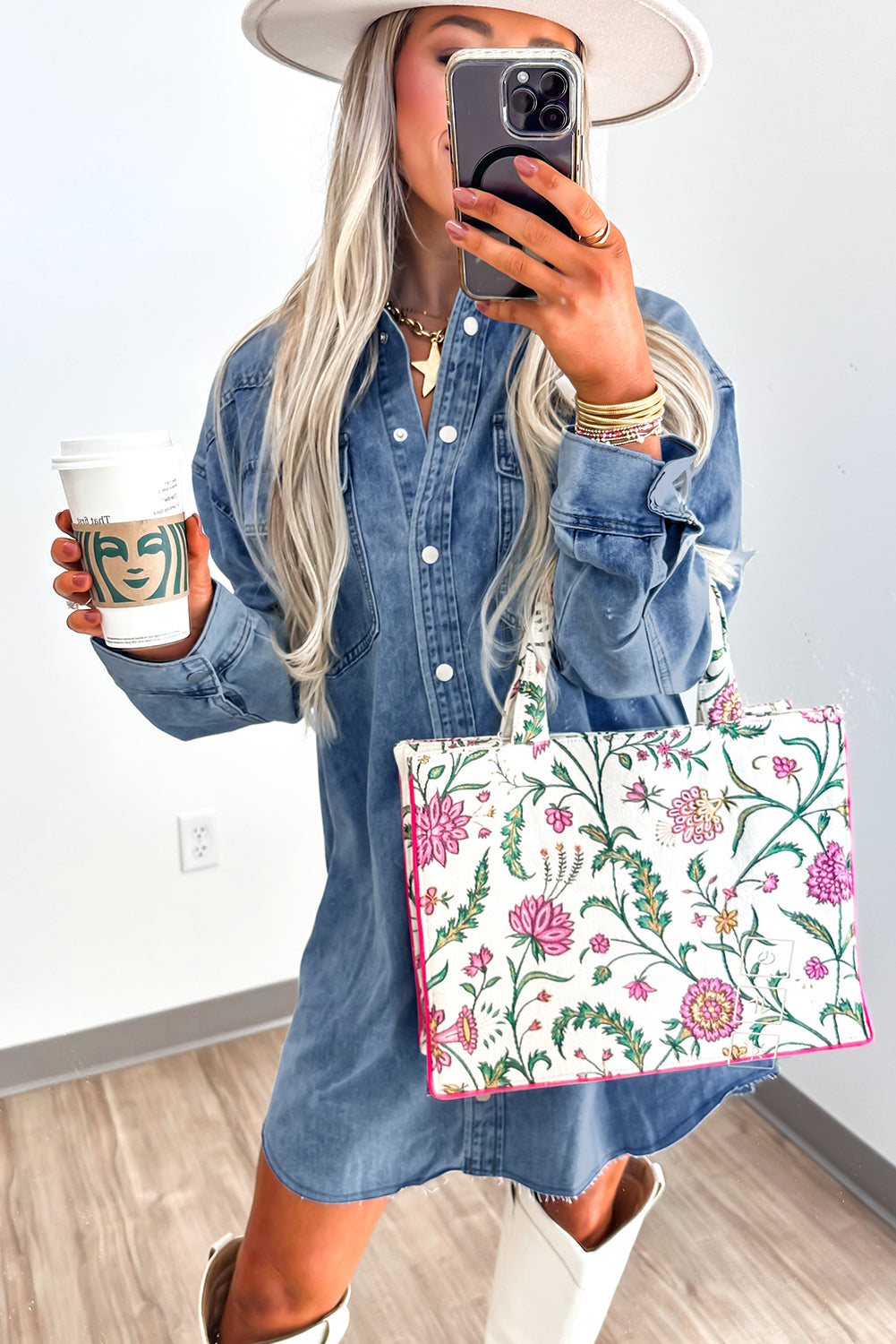 Blue Beau Chest Pocket Raw Hem Denim Loose Shirt Dress