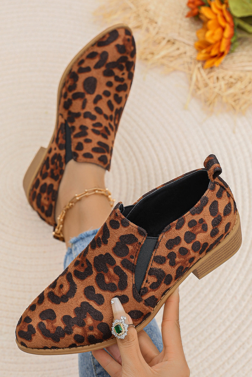 Chestnut Leopard Block Heel Round Toe Ankle Boots