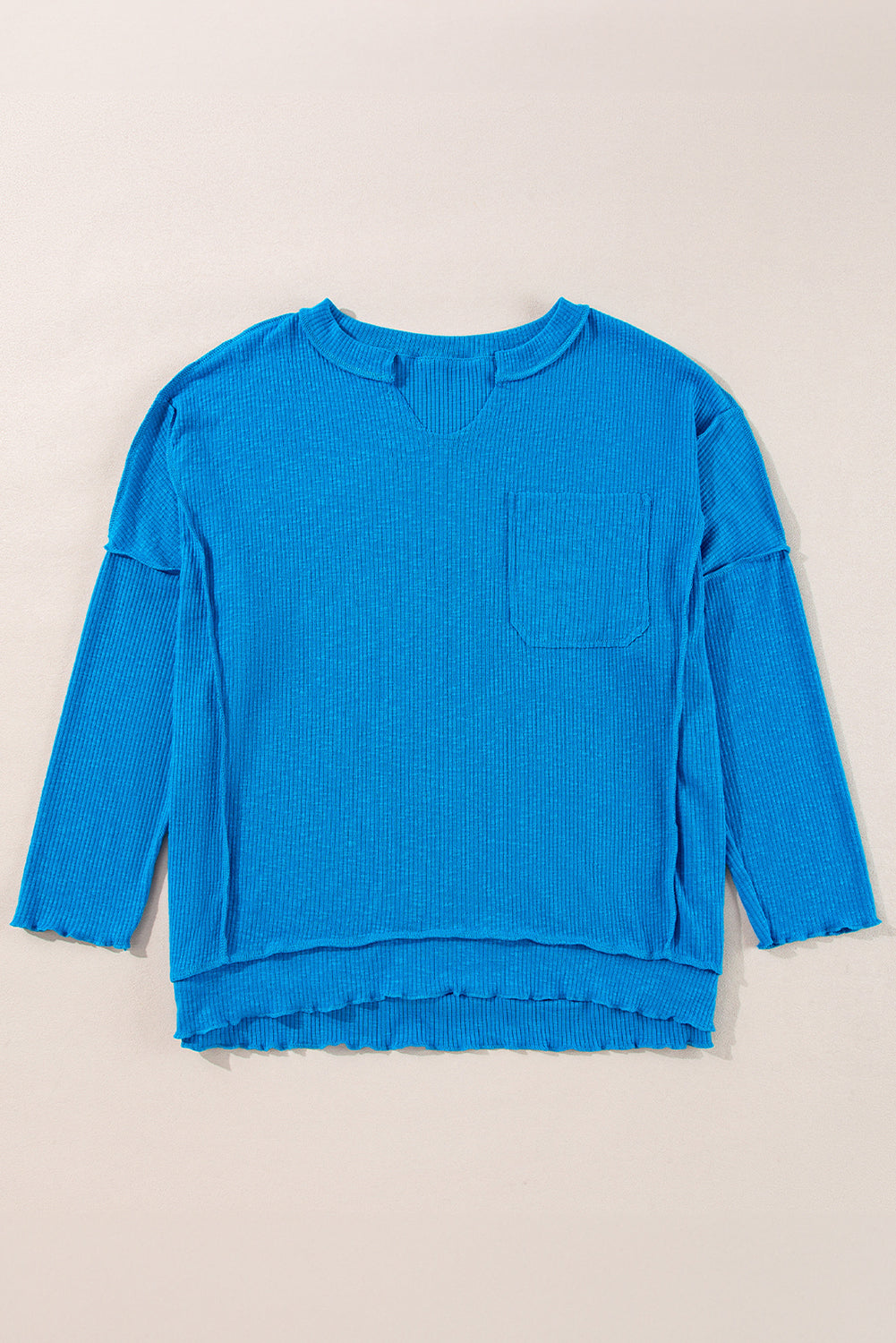 Blue Ribbed Exposed Seam Knit V Neck Long Sleeve Top