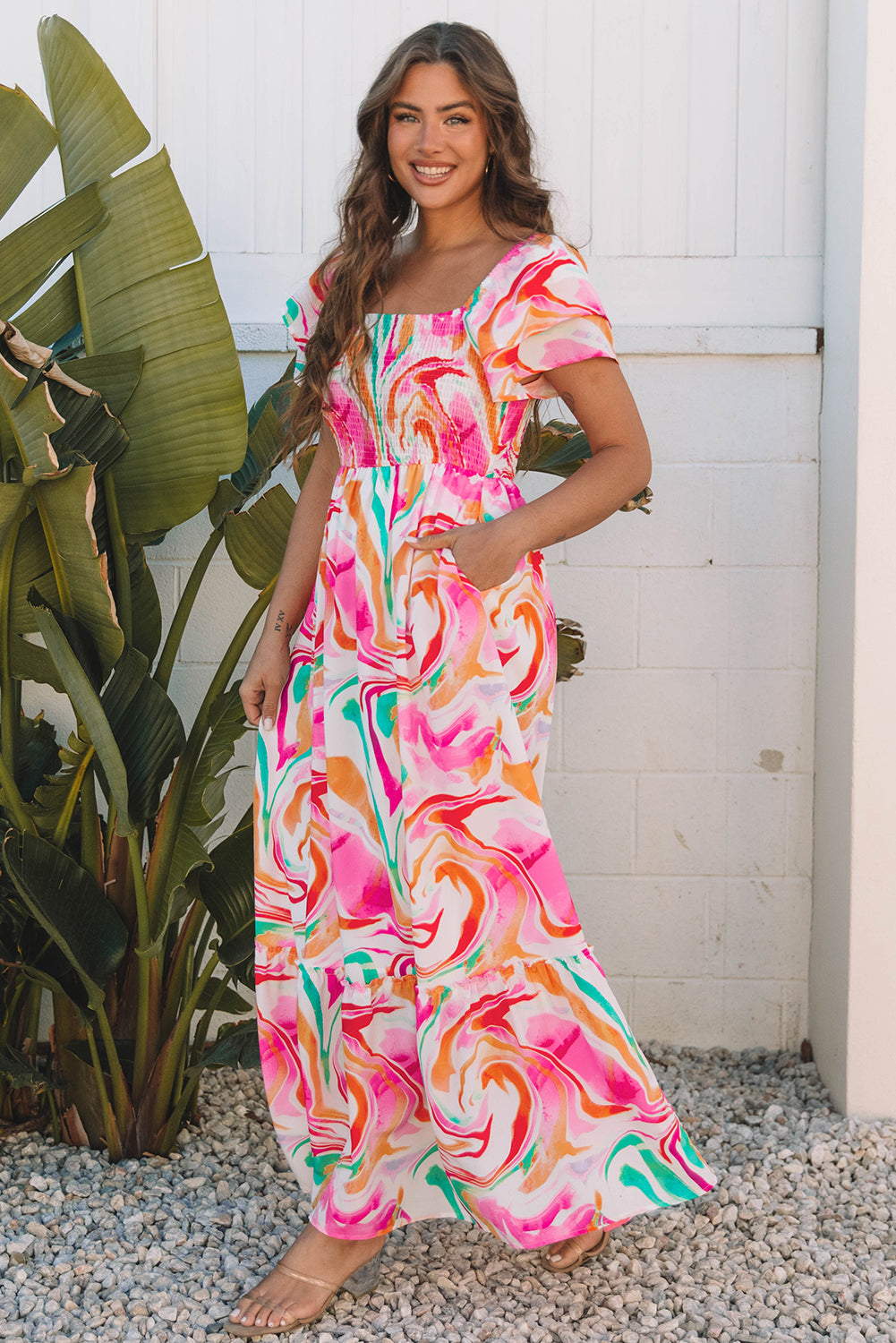 Pink Abstract Print Ruffled Sleeve Smocked Bust Maxi Dress