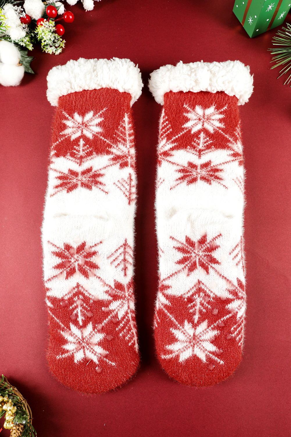 Fiery Red Christmas Snowflake Cozy Sherpa Lined Cabin Socks