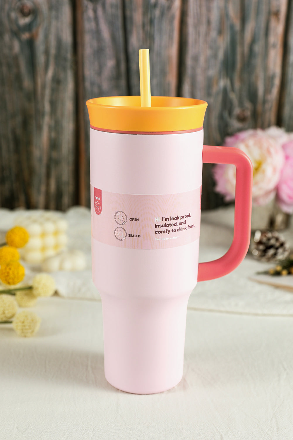 Light Pink Color Block Handle Lid Stainless Steel Insulation Tumbler with Straw