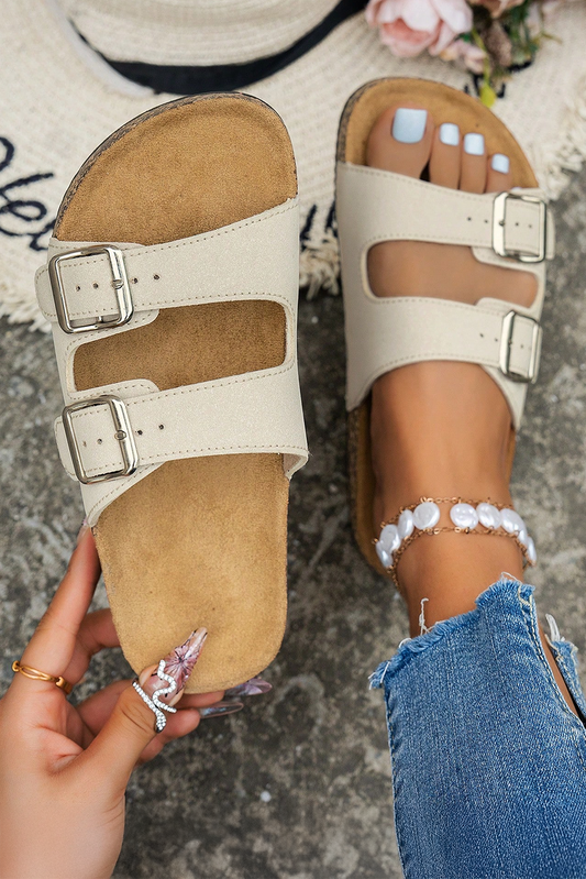 White Geometric Print Cut Out Buckle PU Leather Flat Slippers