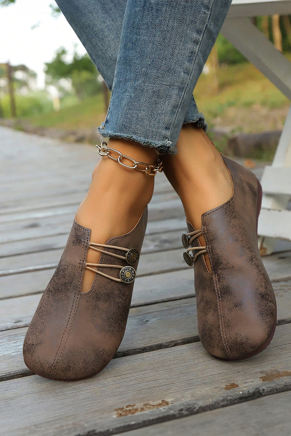 Coffee JEANS Button Detail Boho Vintage Faux Leather Loafer Shoes