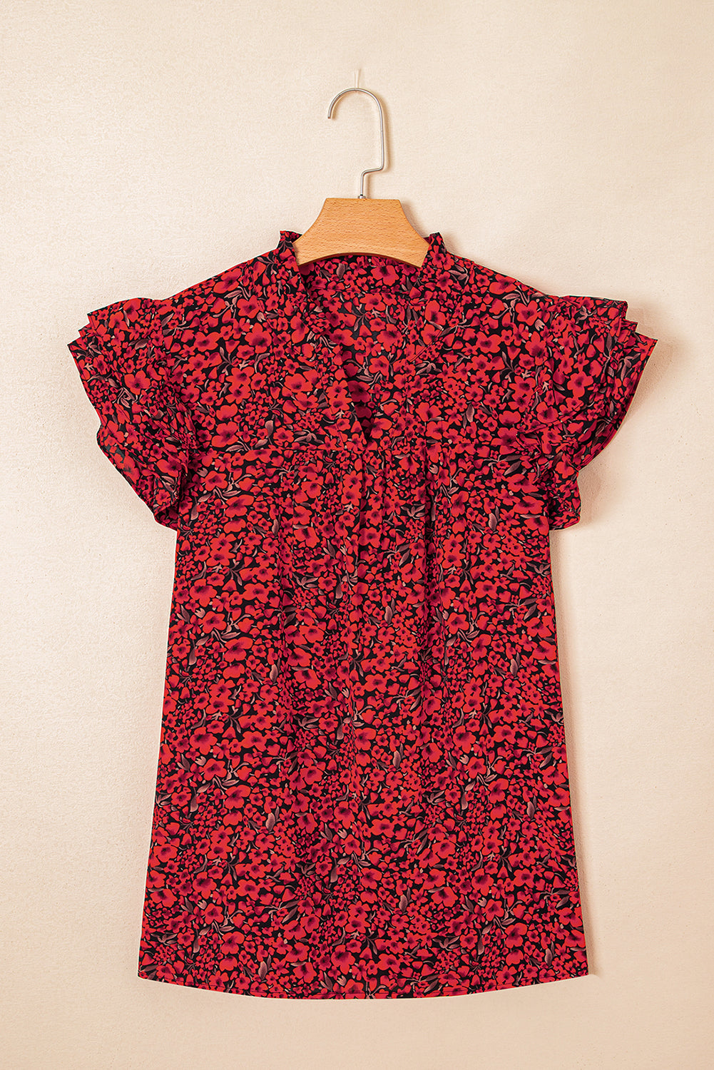 Fiery Red Rose Floral Print Ruffle Sleeve Plus Size Shift Top