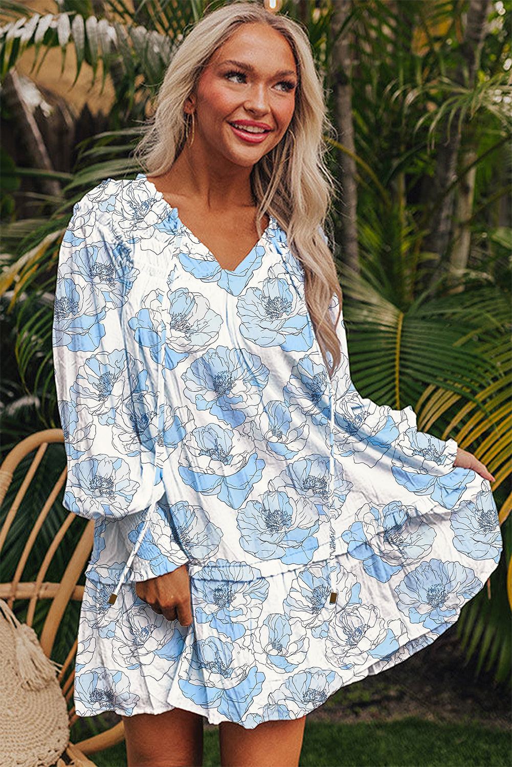 Sky Blue Floral Print Tie Neck Long Sleeve Flowy Mini Dress