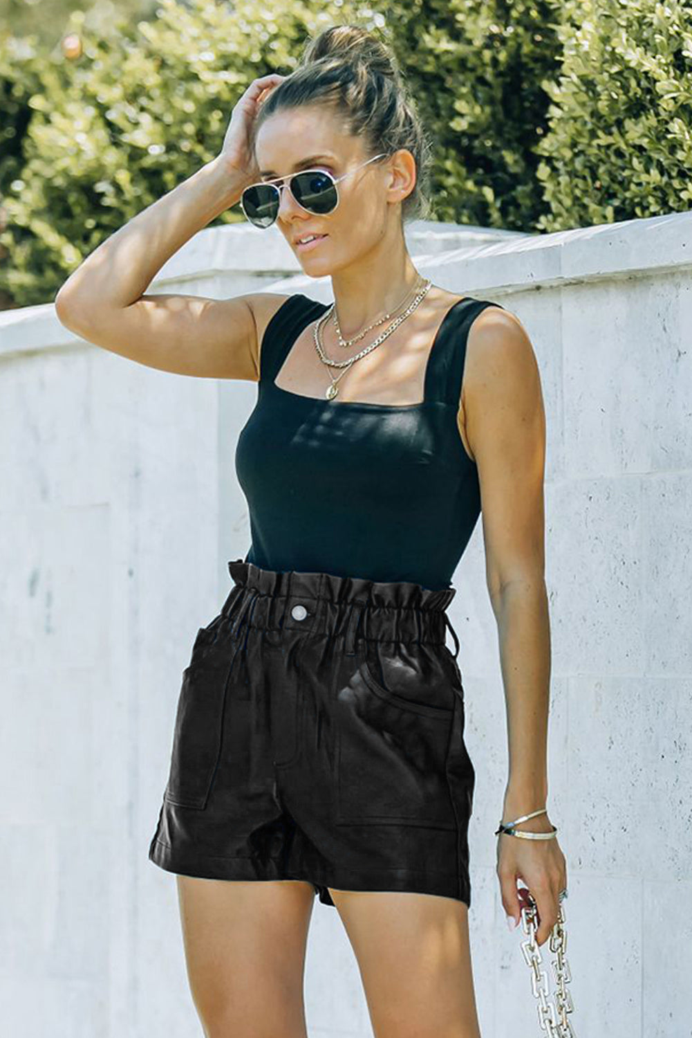 Black Faux Leather Paper Bag Waist High Rise Shorts