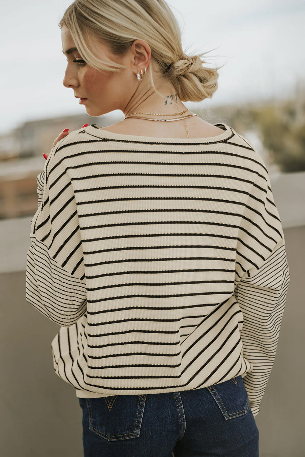 Black Striped Patchwork Loose Long Sleeve Tee