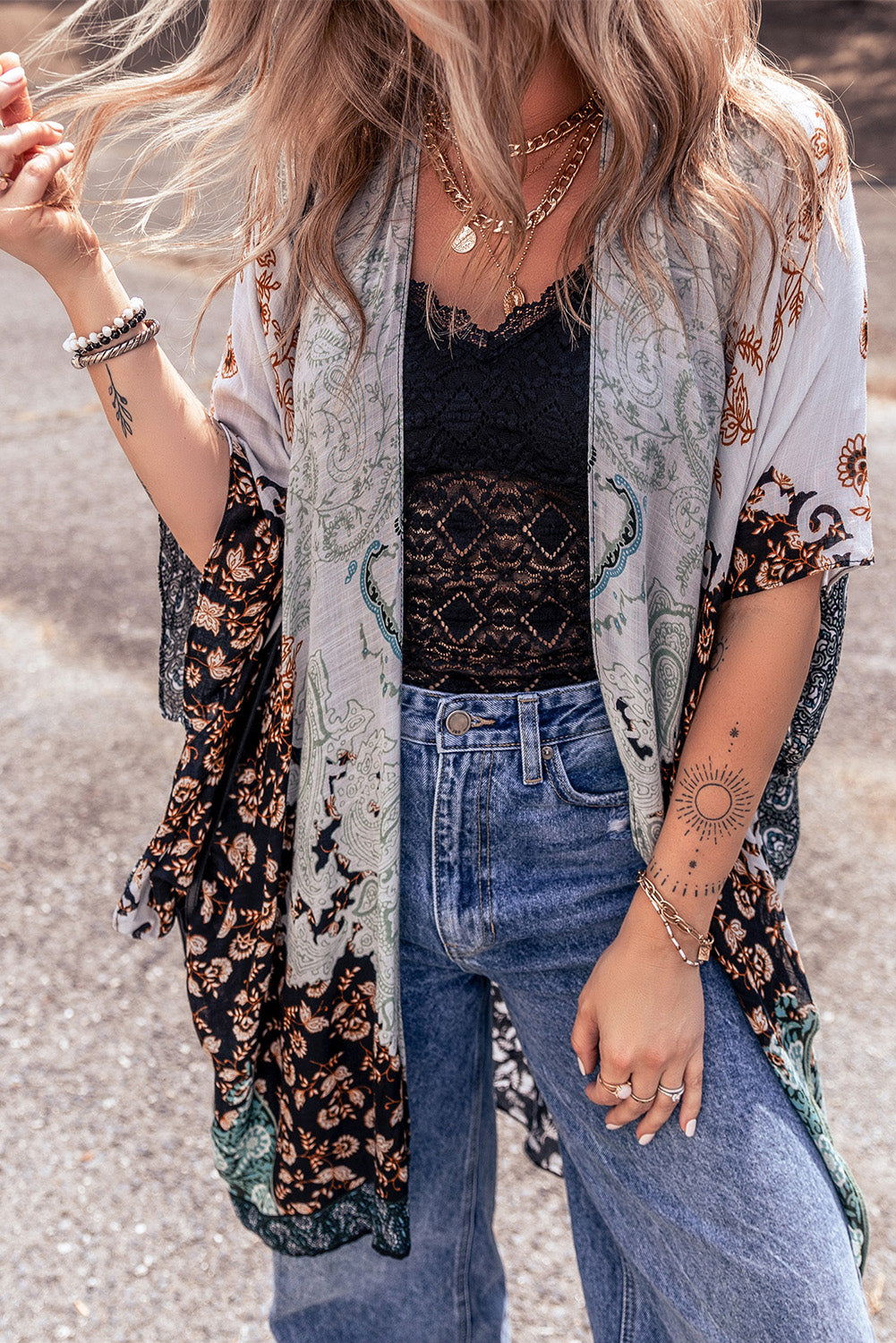 Green Boho Floral Print Irregular Hem Flowy Kimono