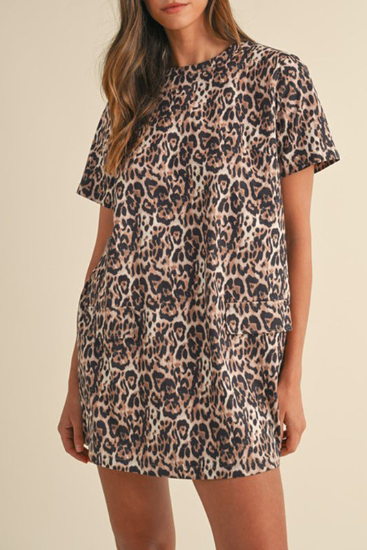 Brown Leopard Print Crew Neck Shift Short T Shirt Dress