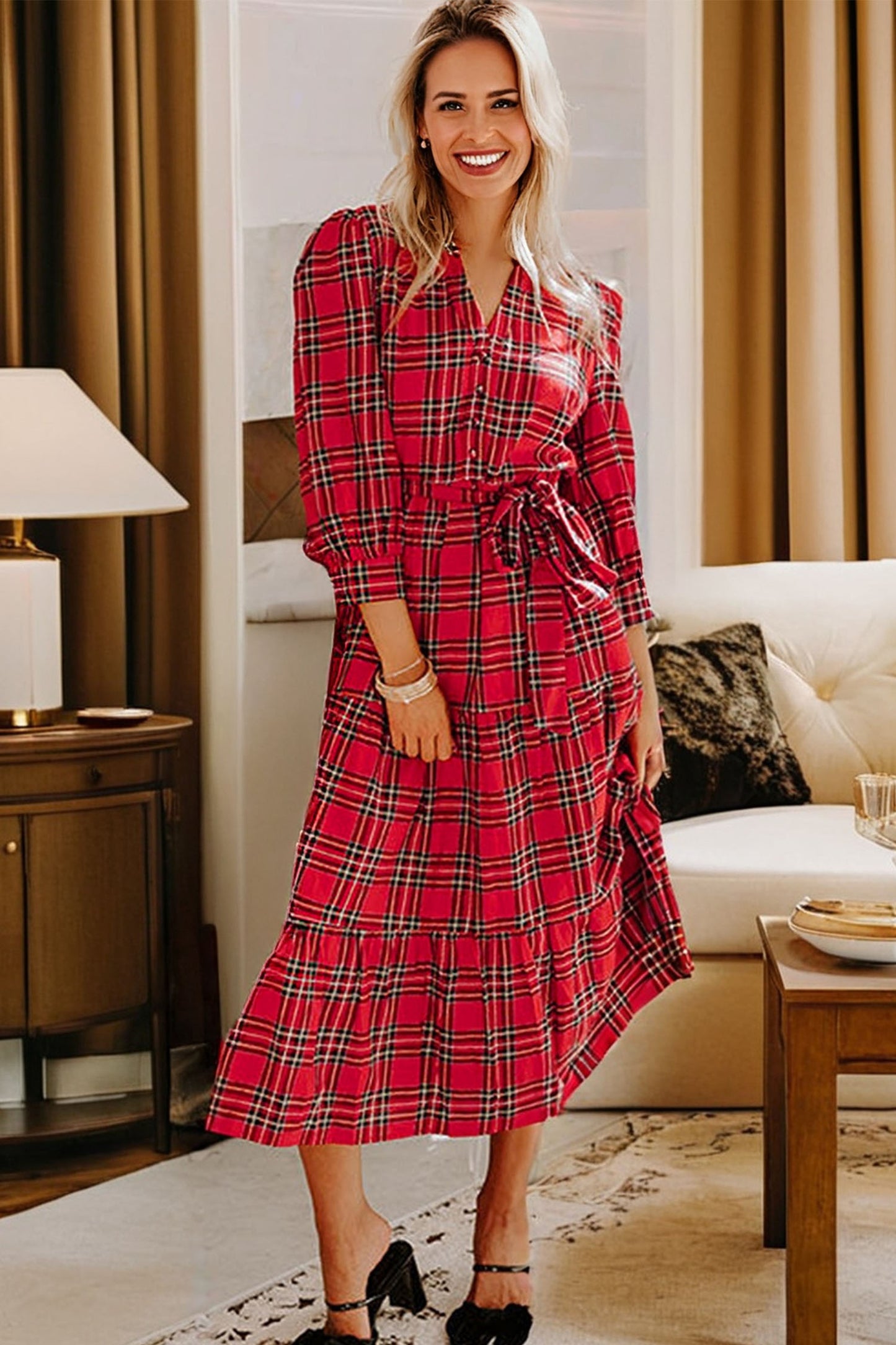 Red Christmas Plaid V Neck 3/4 Sleeve Tie Waist Ruffle Hem Long Dress